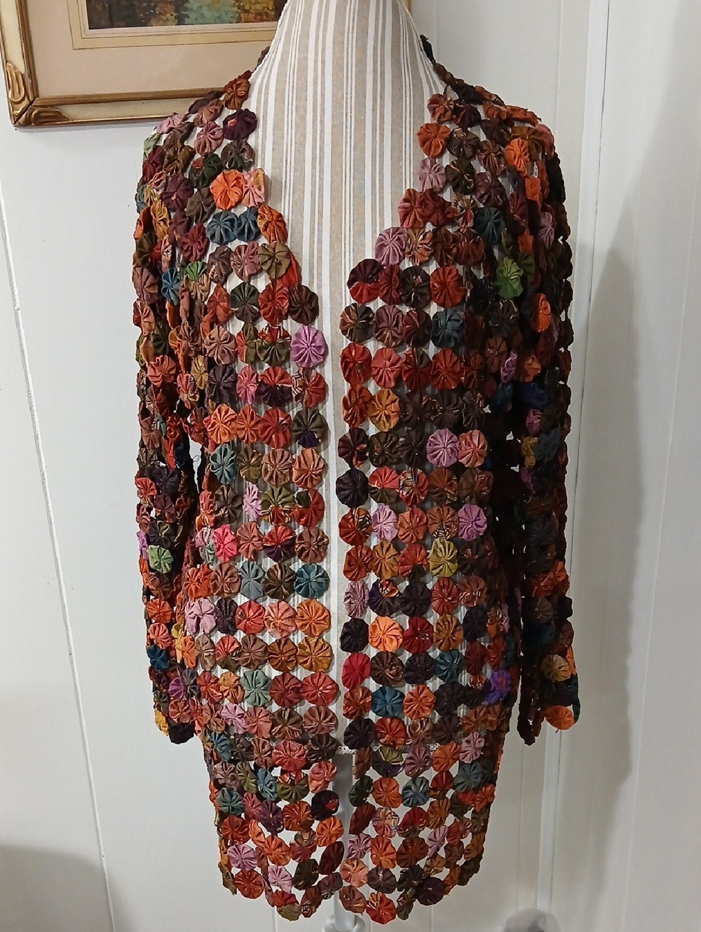 Vintage YoYo Quilt Rosettes Open Cardigan Boho Cottagecore Jacket Sz Med